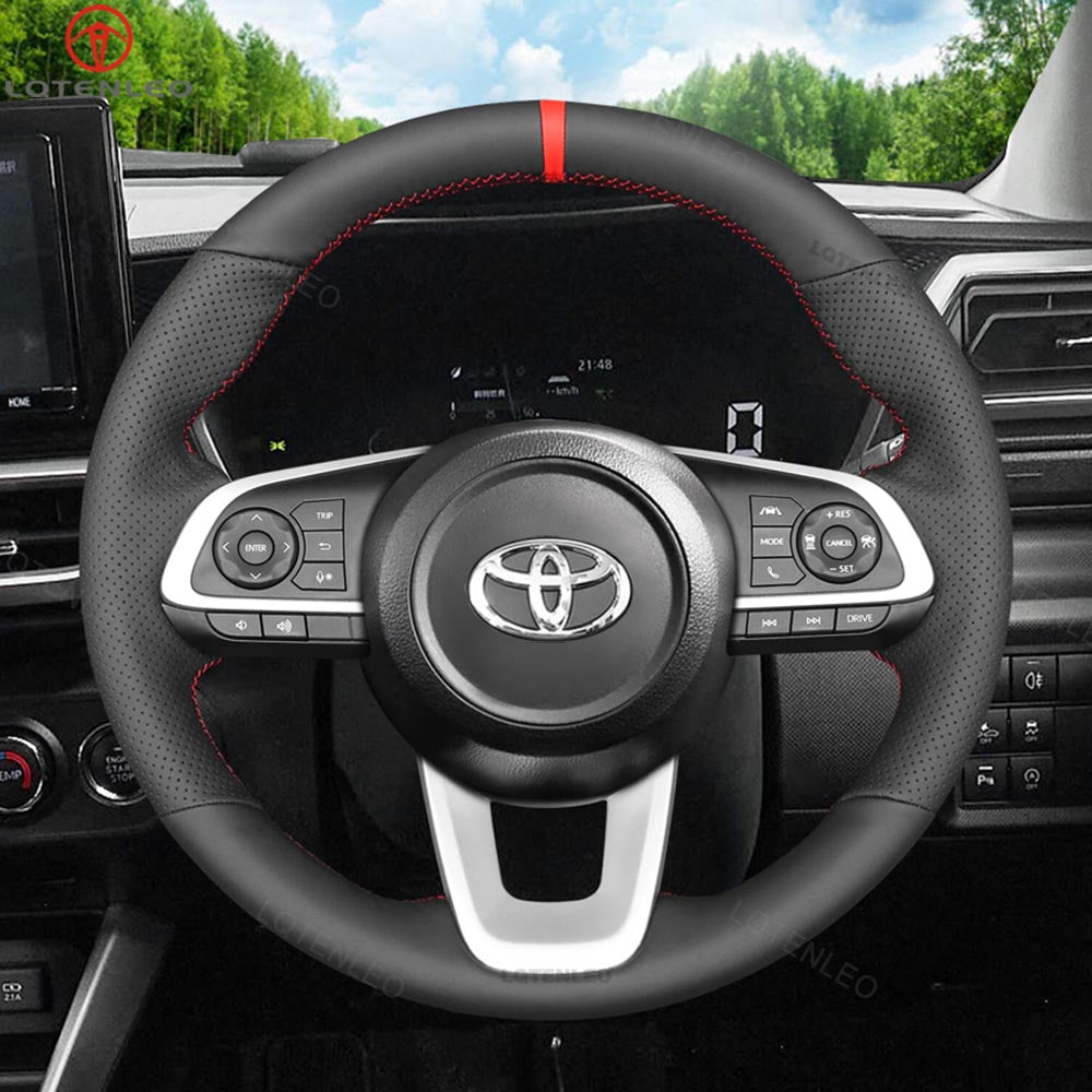 LQTENLEO Black Leather Hand-stitched No-slip Soft Car Steering Wheel Cover Braid for Toyota Raize 2019-2024 Yaris 2023-2024