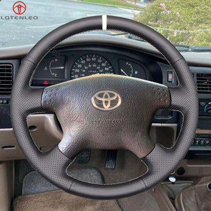 LQTENLEO Black Leather Suede Hand-stitched Car Steering Wheel Cover for Toyota Tacoma 2001-2004 / Tundra 2001-2002 / Sequoia 2001-2002 / Hilux 2001-2005