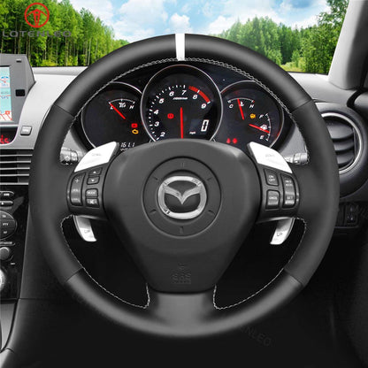 LQTENLEO Black Leather Suede Hand-stitched Car Steering Wheel Cover for Mazda RX-8 RX8 2004-2008