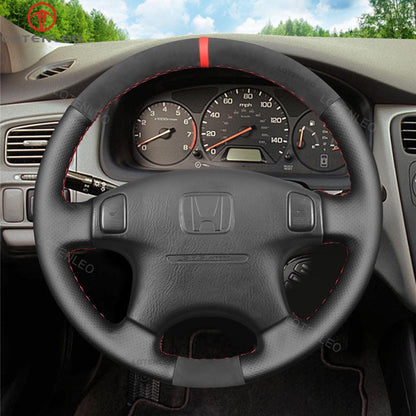 LQTENLEO Black Leather Suede Hand-stitched Car Steering Wheel Cover for Honda Civic 1996-2000 / CR-V CRV 1997-2001 / Prelude 1997-2001