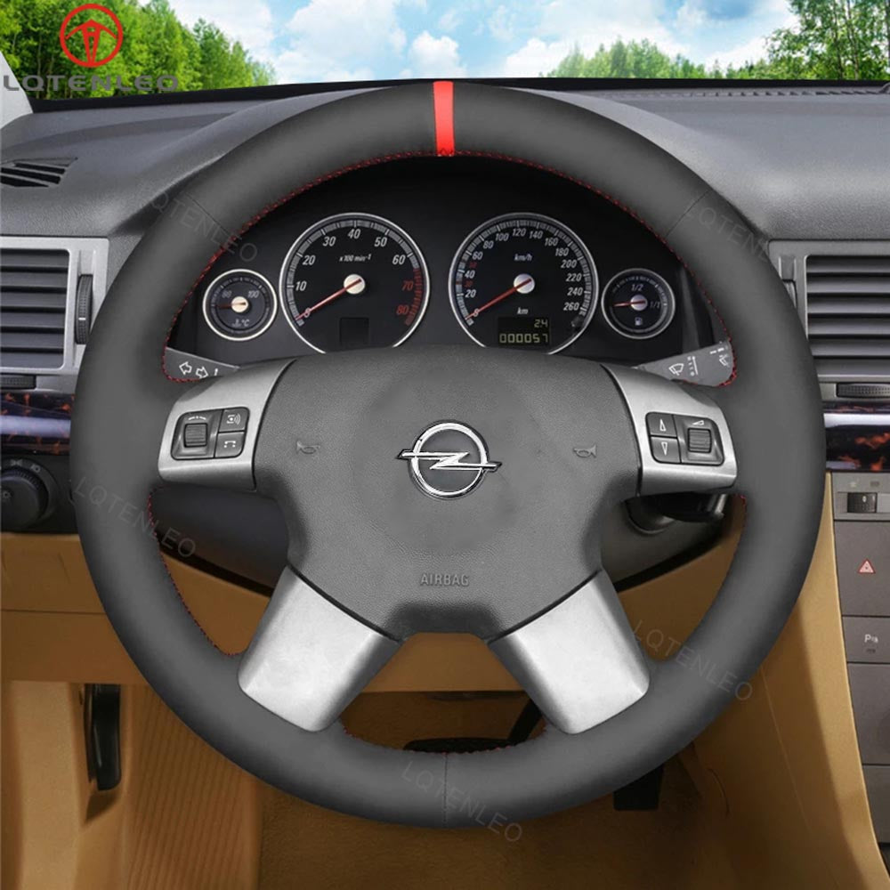 LQTENLEO Black Genuine Leather Suede Hand-stitched Car Steering Wheel Cover for Opel Vectra C Signum for Vauxhall Vectra C Signum for Holden Vectra