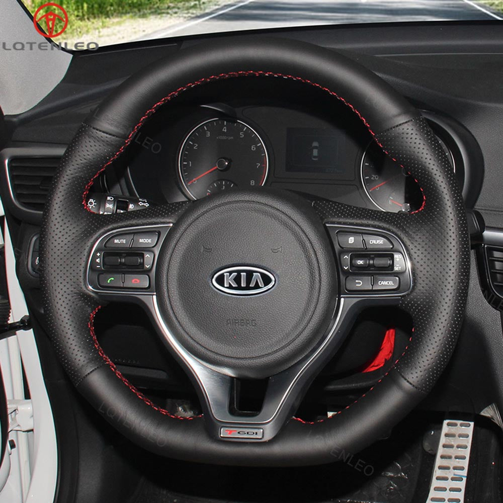 LQTENLEO Black Leather Hand-stitched No-slip Soft Car Steering Wheel Cover Braid for Kia K5 Optima 4 Sportage 4 GT-Line GT 2015-2019