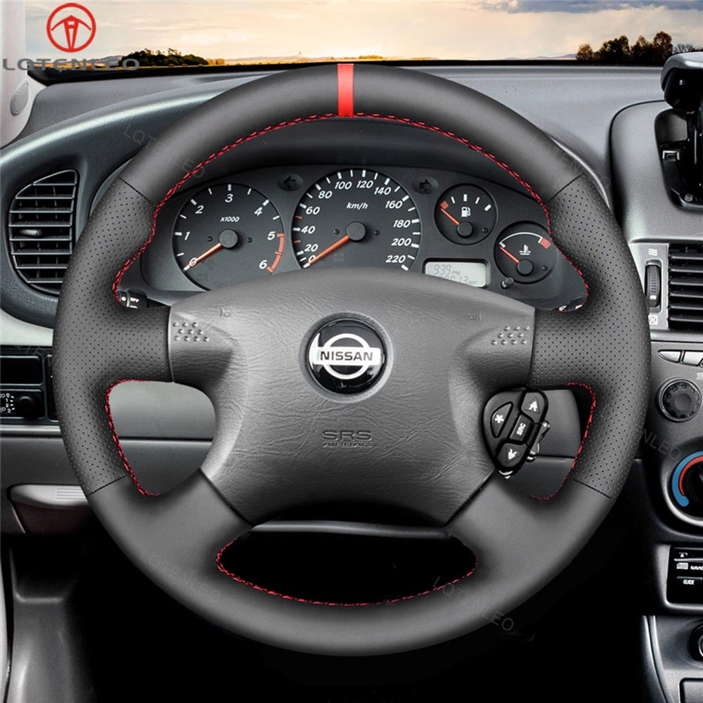 LQTENLEO Black Leather Suede Hand-stitched Car Steering Wheel Cover for Nissan Almera (N16)/ X-Trail (T30)/ Terrano 2/ Almera Tino/ Micra/ Primera/ Pulsar N16