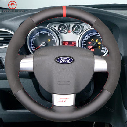LQTENLEO Black Leather Suede Hand-stitched Car Steering Wheel Cover for Ford Focus ST / Focus RS