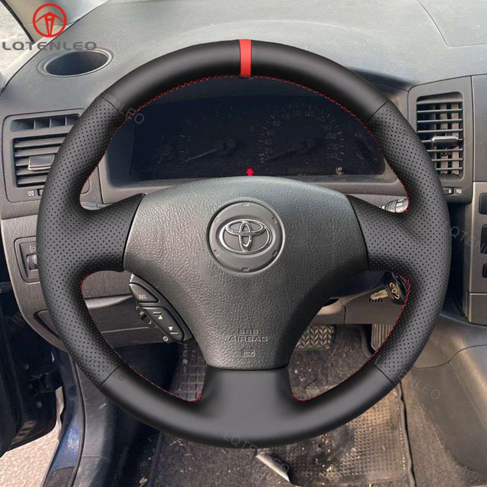 LQTENLEO Black Genuine Leather Suede Hand-stitched Car Steering Wheel Cover for Toyota Corolla (Verso) 2002-2004 / Yaris (Verso) 1999-2005