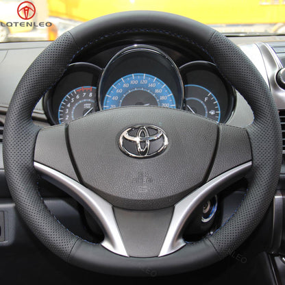 LQTENLEO Black Leather Hand-stitched No-slip Car Steering Wheel Cover for Toyota Vios 2014-2019