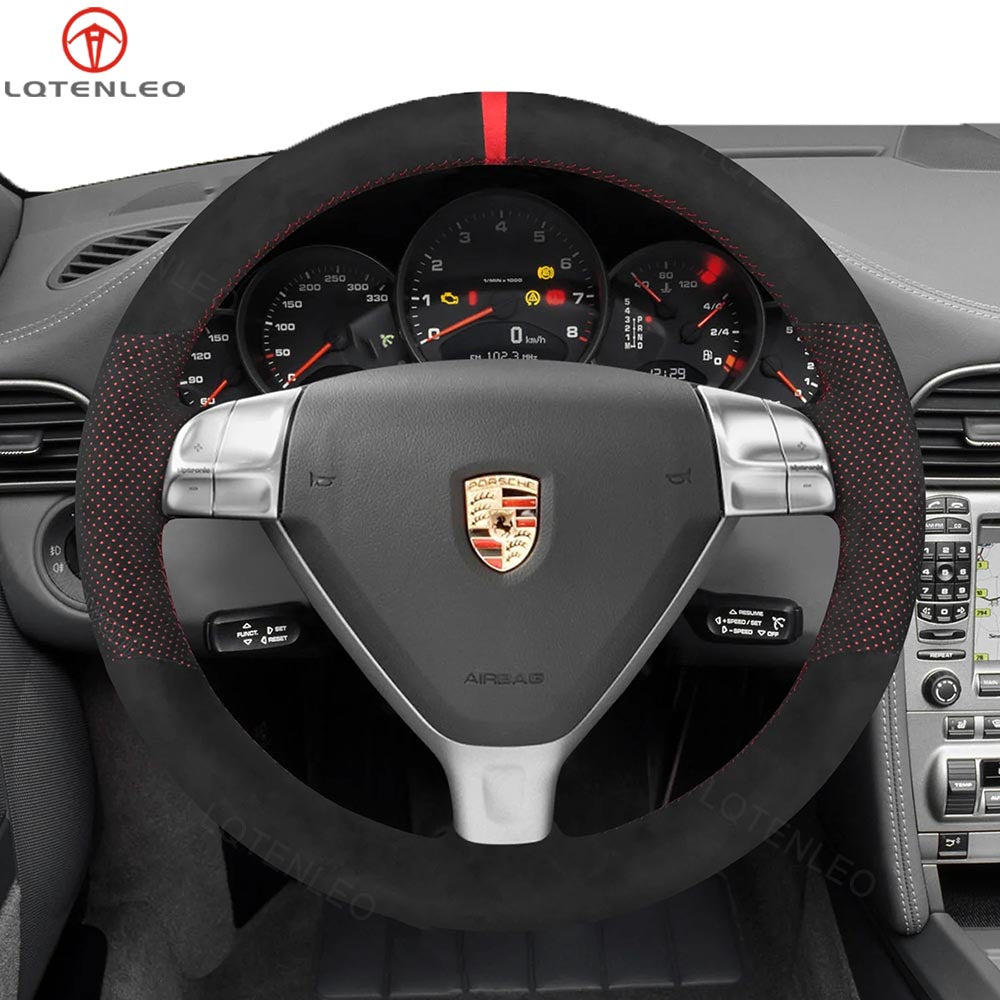 LQTENLEO Alcantara Carbon Fiber Leather Suede Hand-stitiched Car Steering Wheel Cover for Porsche 911 (997) 2005-2009 / Boxster (987) 2005-2009 / Cayman (987) 2006-2009