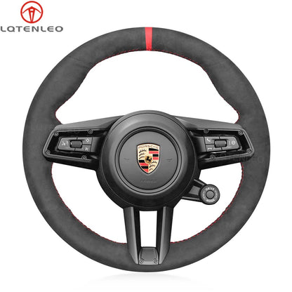 LQTENLEO Alcantara Leather Suede Hand-stitched Car Steering Wheel Cover for Porsche 911 (992) 2020-2022 / Macan 2022-2023 / Panamera 2021-2022 / Taycan 2020-2022