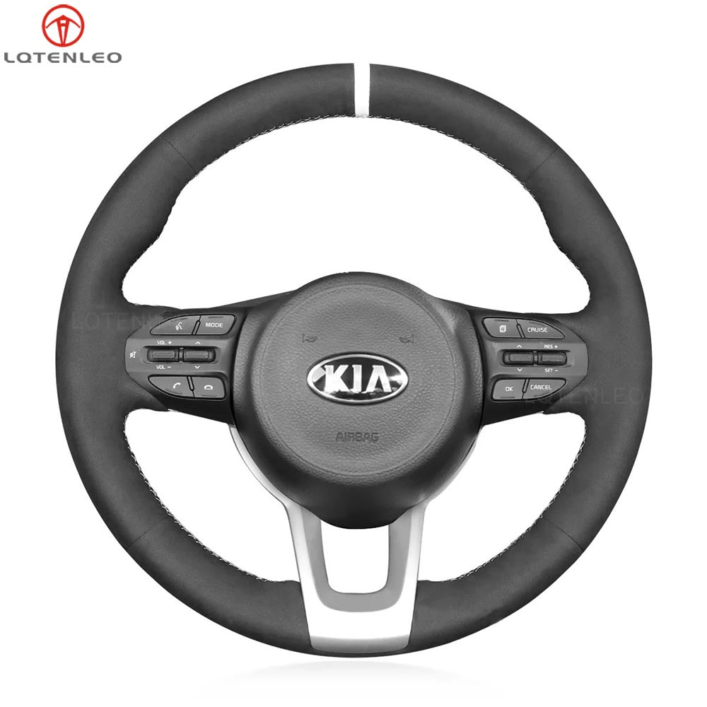 LQTENLEO Black Leather Suede Hand-stitched Car Steering Wheel Cover for Kia Rio 2017-2019 / Rio5 2019 / K2 2017-2019 / Picanto 2017-2019 / Morning 2017-2019