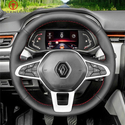 LQTENELO Black Genuine Leather Suede Hand-stitched Car Steering Wheel Cover for Renault Clio 5 (V) 2019-2020 / Captur 2 2020 / Zoe 2020