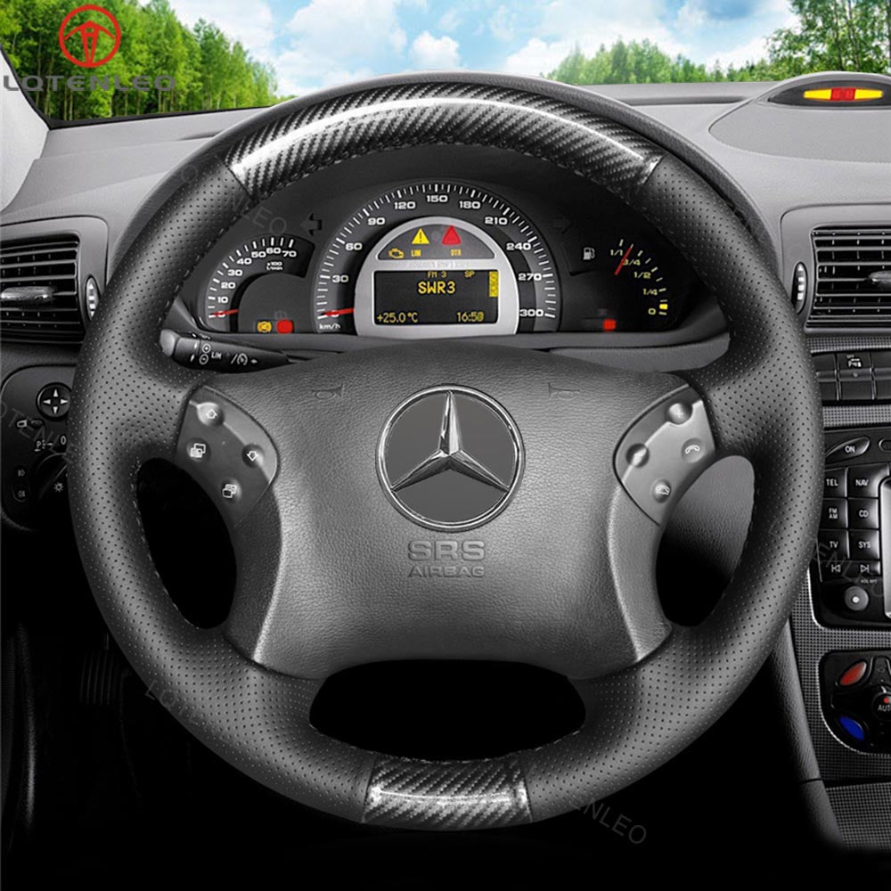 LQTENLEO Black Carbon Fiber Leather Suede Hand-stitched Car Steering Wheel Cover for Mercedes Benz C-Class W203 / C32 AMG