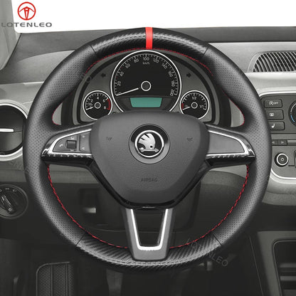 LQTENLEO Carbon Fiber Leather Suede Hand-stitched Car Steering Wheel Cover for Skoda Citigo Fabia Karoq Roomster Octavia Superb Yeti Kodiaq Scala