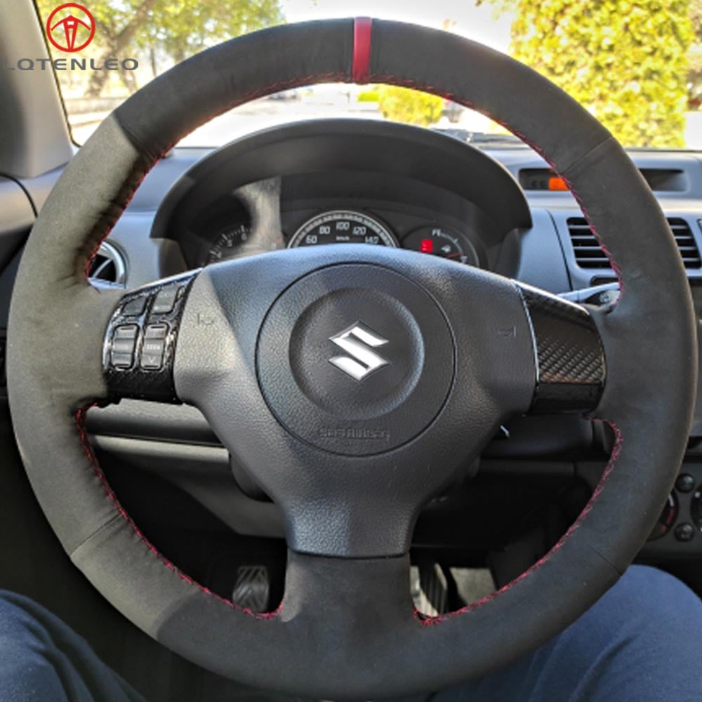 LQTENLEO Black Genuine Leather Suede Hand-stitched Car Steering Wheel Cover for Suzuki Swift Sport / Splash