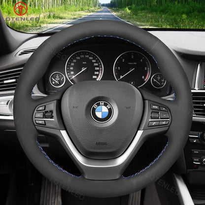 LQTENLEO Black Genuine Leather Suede Hand-stitched Car Steering Wheel Cover for BMW X3 F25 2011-2017 / X4 F26 2014-2018