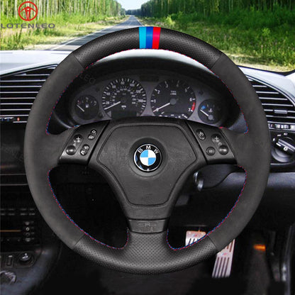 LQTENLEO Black Leather Suede Hand-stitched Car Steering Wheel Cover for BMW 3 Series E36 1995-2000