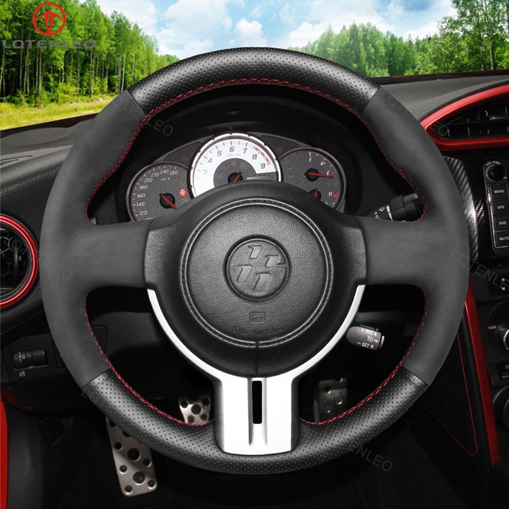 LQTENLEO Black Genuine Leather Suede Hand-stitched Car Steering Wheel Cover for Toyota 86 2016-2020