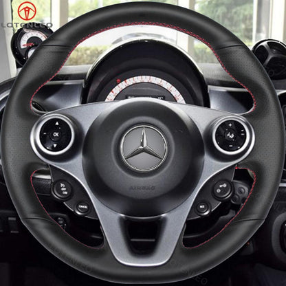 LQTENLEO Black Leather Suede Hand-stitched Car Steering Wheel Cover for Smart New Fortwo Forfour 2015-2017