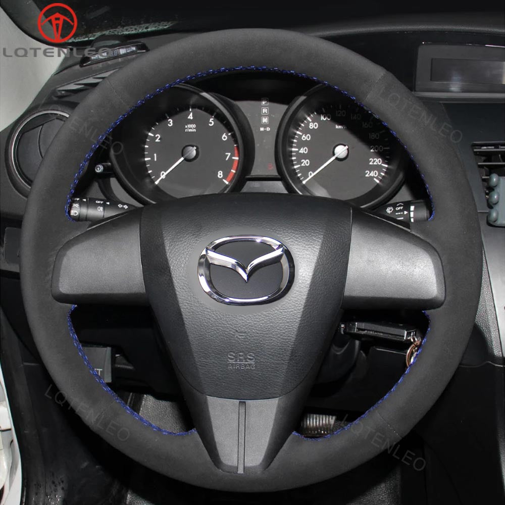 LQTENLEO Black Genuine Leather Suede Hand-stitched Car Steering Wheel Cover for Mazda 3 Axela 2 Mazda 5 Mazda 6 CX-7 CX-9 MAZDASPEED3 (US)