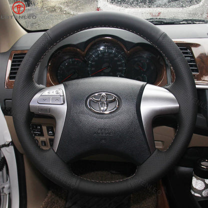 LQTENLEO Black Leather Suede Hand-stitched Car Steering Wheel Cover for Toyota Fortuner 2011-2015 Hilux 2011-2015