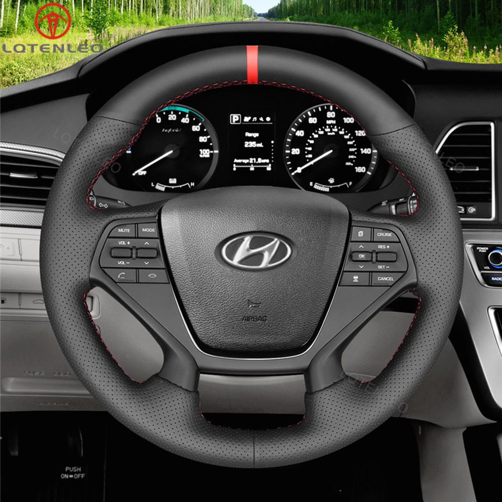 LQTENLEO Black Genuine Leather Hand-stitched Car Steering Wheel Cover for Hyundai Sonata (4-Spoke)