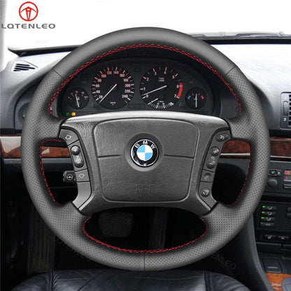 LQTENLEO Black Leather Car Steering Wheel Cover for BMW 3 Series E36 E36/5 1999-2000 / 3 Series E46 E46/5 2000-2005 / 5 Series E39 / 7 Series E38 E38/2 E38 / 8 Series E31 / X3 E83 / X5 E53 / Z3 E36
