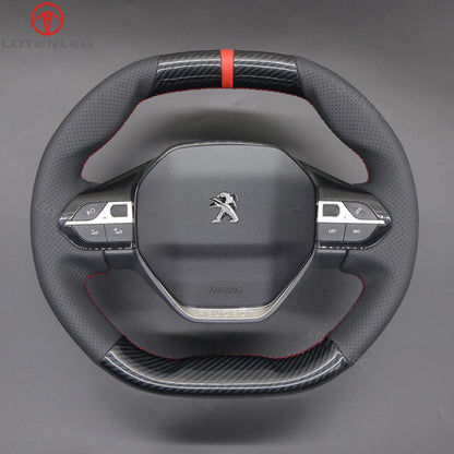 LQTENLEO Carbon Fiber Leather Suede Hand-stitched Car Steering Wheel Cover for Peugeot 208 308 (SW) 2008 3008 508 508 SW 5008 Partner Rifter