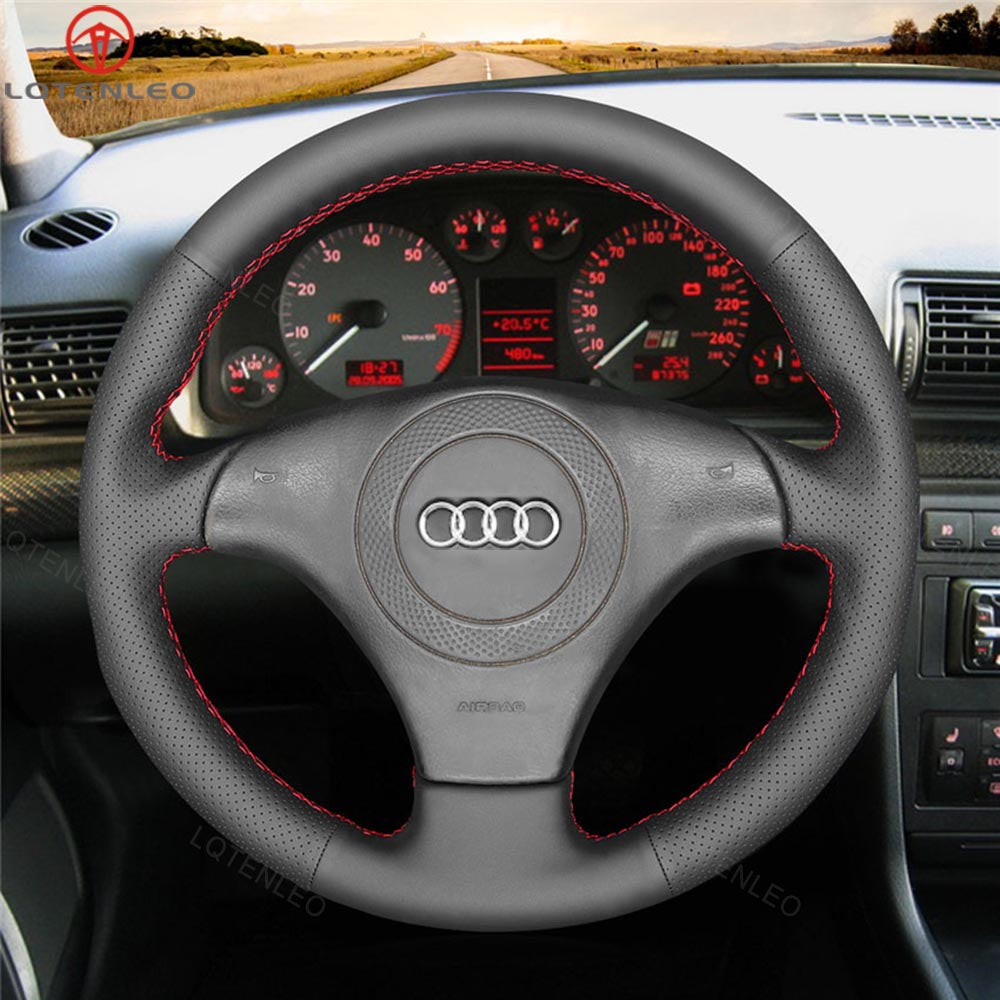 LQTENLEO Black Genuine Leather Suede Hand-stitched Car Steering Wheel Cover for Audi TT (8N) 1998-2001 / A8 S8 (D2) 1998-2002 / S4 (B5) 1997-2001 / S6 (C5)