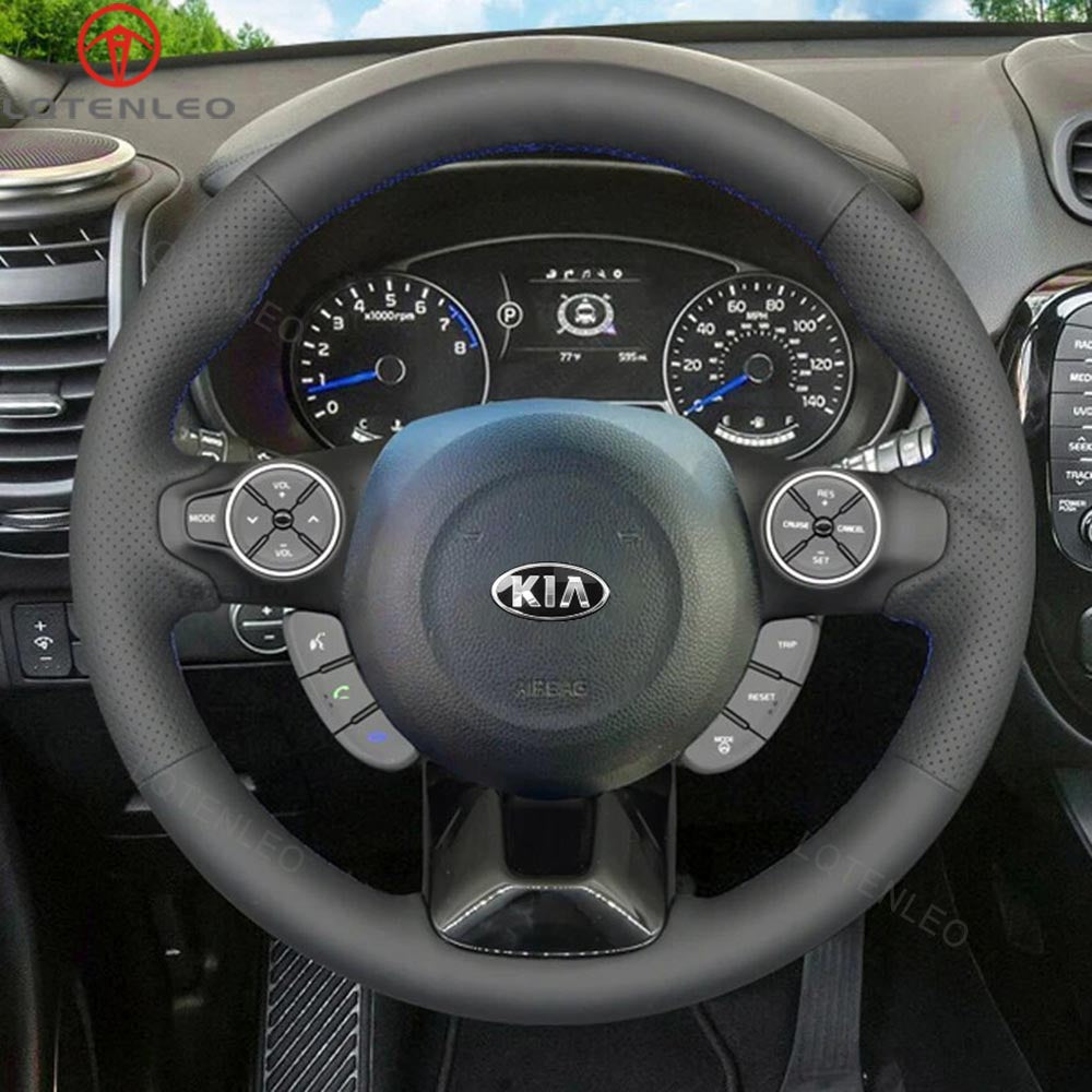 LQTENLEO Black Leather Suede Hand-stitched No-slip Car Steering Wheel Cover for Kia Soul 2014-2019