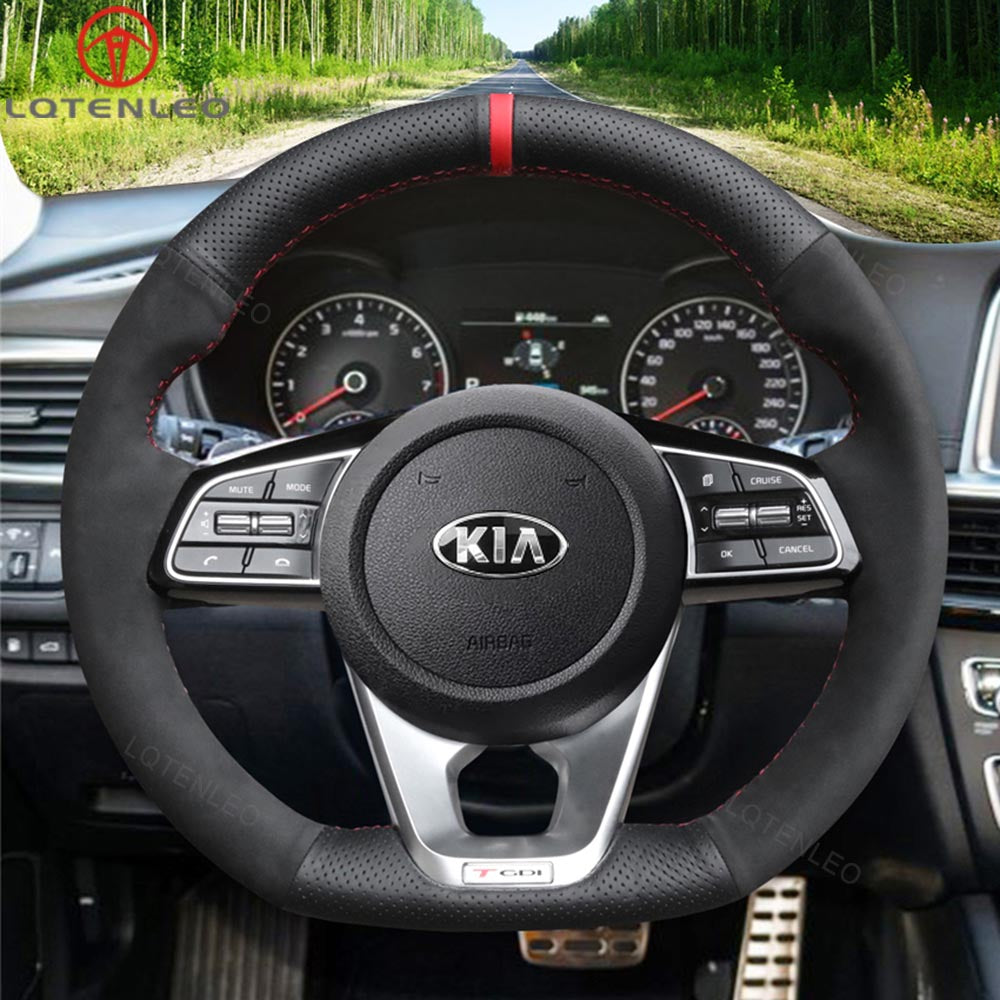 LQTENLEO Alcantara Leather Suede Hand-stitched Car Steering Wheel Cover for Kia K5 Optima 2019 / Cee'd Ceed 2019 / Forte 2019