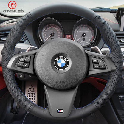 LQTENLEO Black Carbon Fiber Genuine Leather Hand-stitched Car Steering Wheel Cover for BMW Z4 M E89 2009-2016