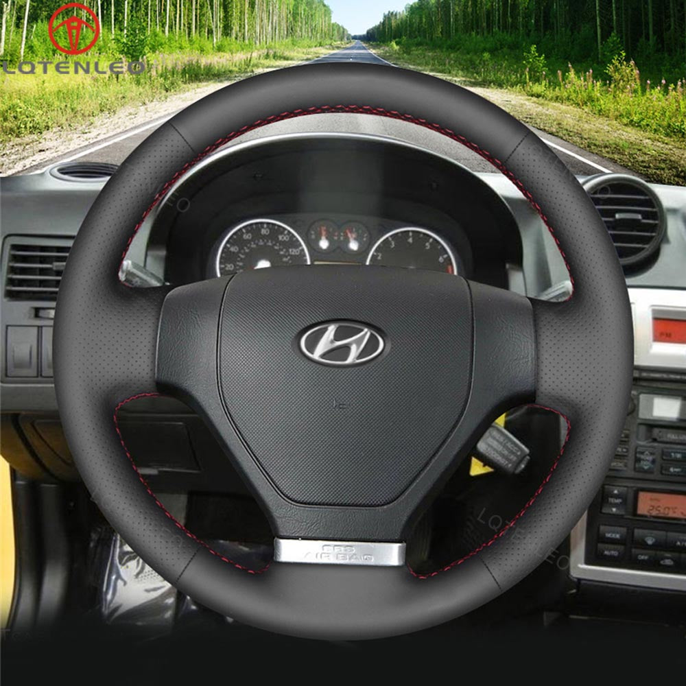 LQTENLEO черный кожаный замшевый чехол на руль автомобиля, сшитый вручную для Hyundai Coupe 2002-2007/Tiburon 2003-2006 