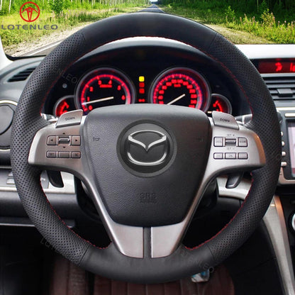 LQTENLEO Black Leather Suede Hand-stitched Car Steering Wheel Cover for Mazda 6 (GH) Atenza