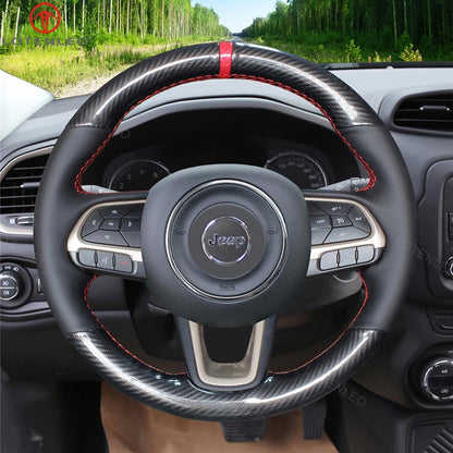 LQTENLEO  Black Carbon Fiber Leather Suede Hand-stitched Car Steering Wheel Cover for Jeep Compass 2017 Renegade 2016 2017