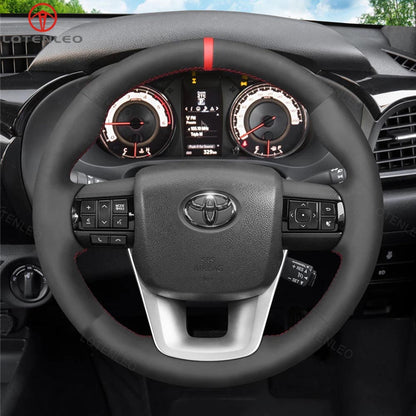 LQTENLEO Carbon Fiber Leather Suede Hand-stitched Car Steering Wheel Cover for Toyota Hilux 2015-2021 / Fortuner 2015-2021