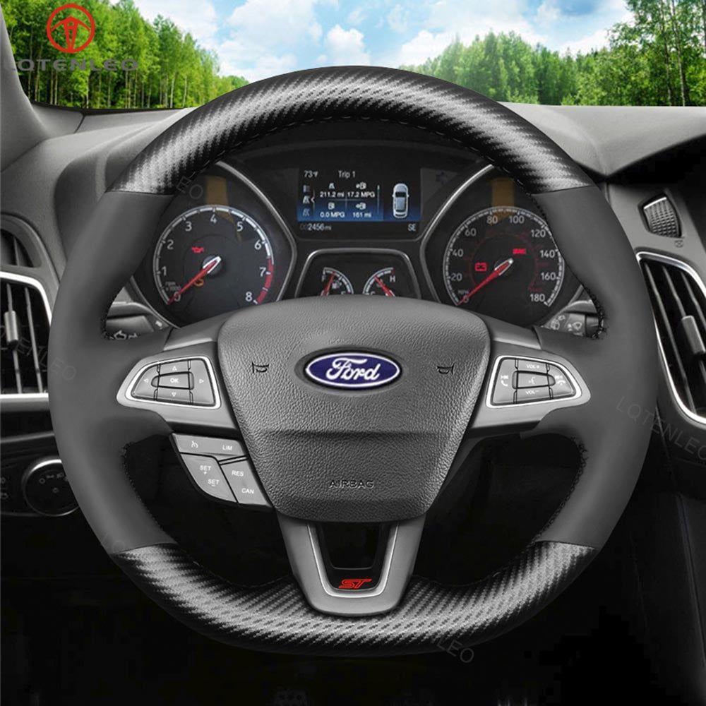 LQTENLEO Carbon Fiber Leather Suede Hand-stitched Car Steering Wheel Cover for Ford Focus ST/ Focus ST-Line/ Focus RS/ Ecosport ST-Line/ Kuga/ Escape