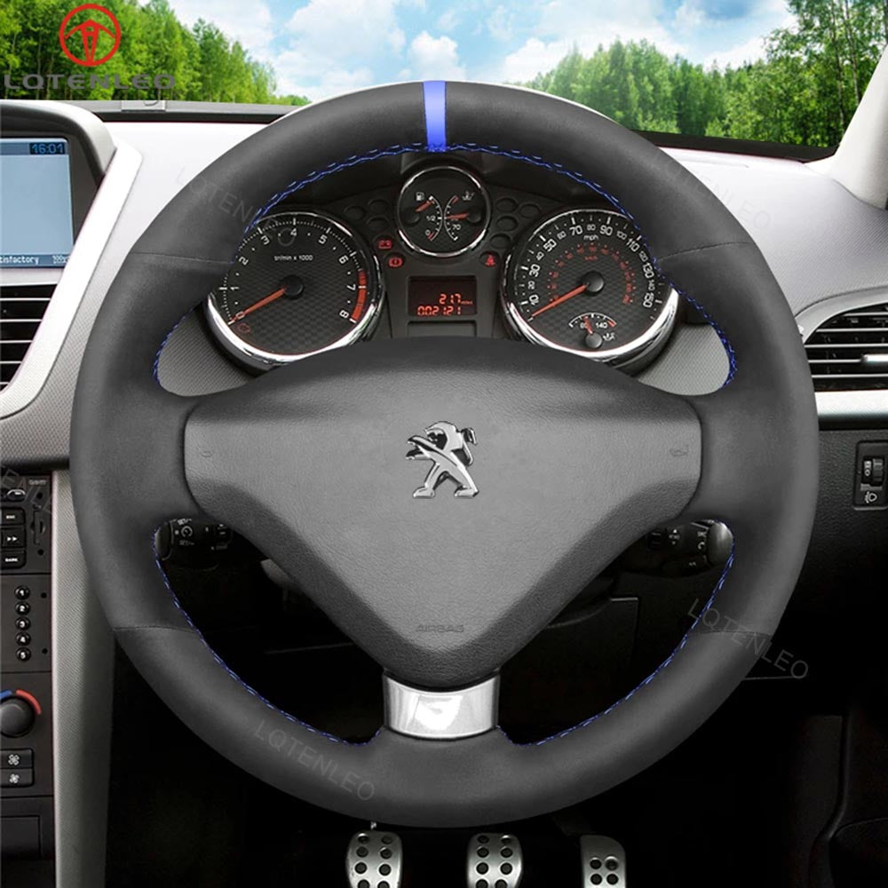 LQTENLEO Black Genuine Leather Suede Hand-stitched Car Steering Wheel Cover for Peugeot 207 CC 2012-2014