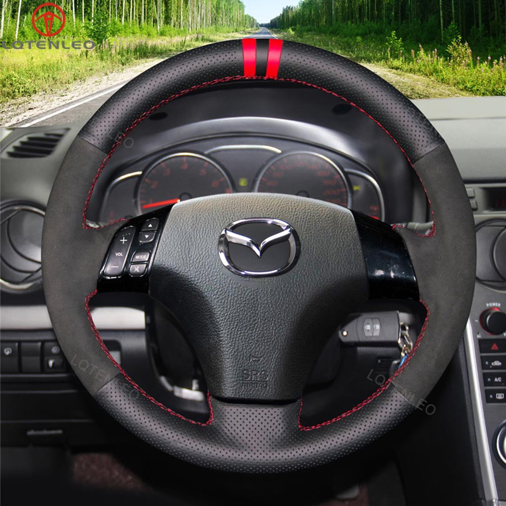 LQTENLEO Black Genuine Leather Suede Hand-stitched Car Steering Wheel Cover for Mazda 3 Axela Mazda 5 Mazda 6 Atenza Mazda MPV