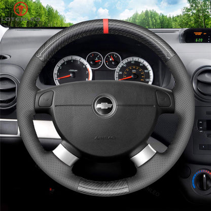 LQTENLEO Carbon Fiber Leather Suede Hand-stitched Car Steering Wheel Cover for Chevrolet (Chevy) Aveo/ Kalos/ Lacetti/ Nubira/ for Pontiac G3/for Holden Barina/ Viva
