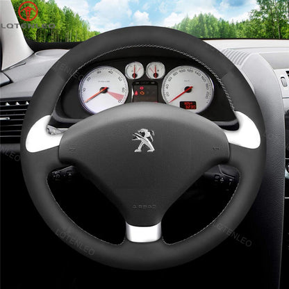 LQTENLEO Black Genuine Leather Suede Hand-stitched Car Steering Wheel Cover for Peugeot 307 CC 2004-2007