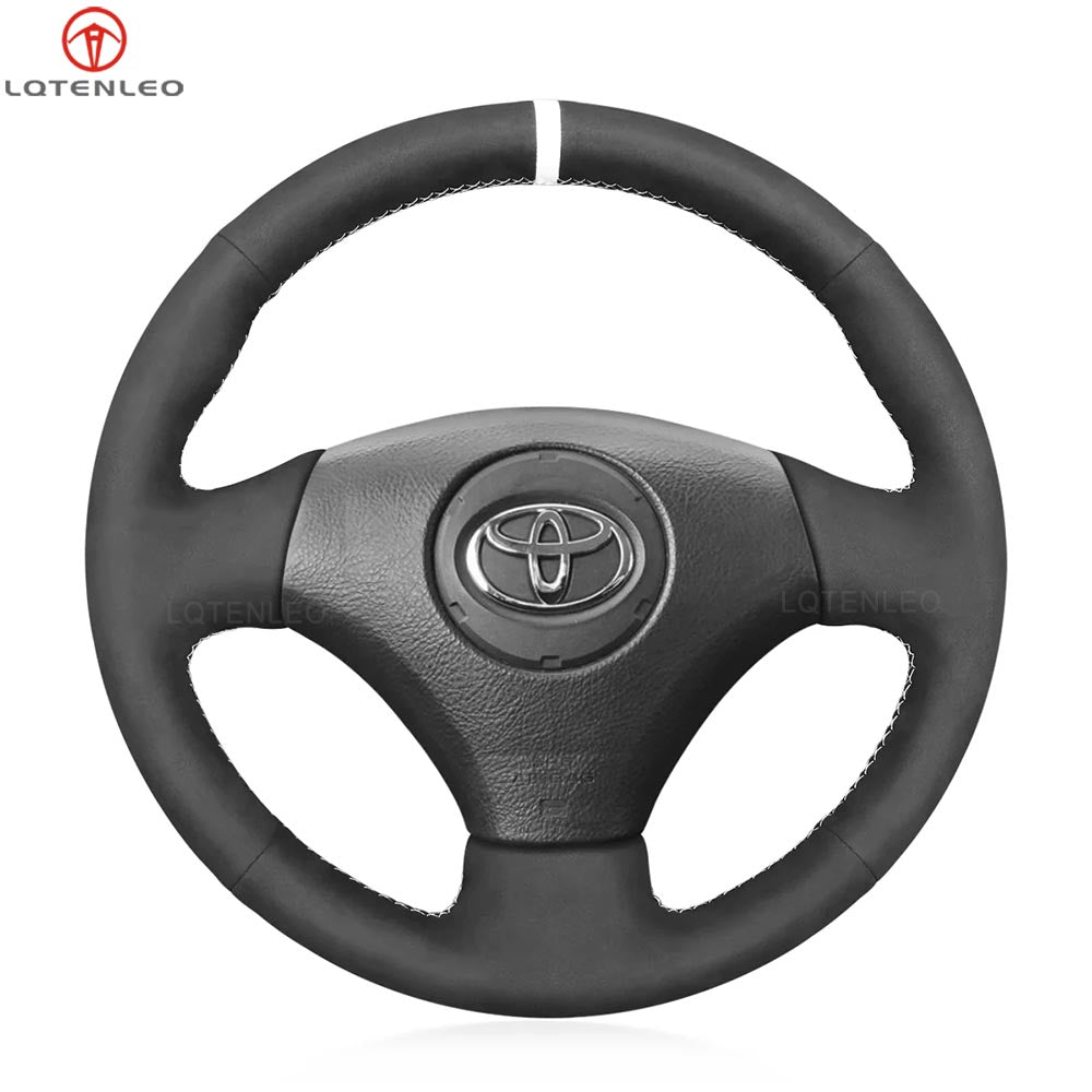 LQTENLEO Black Genuine Leather Suede Hand-stitched Car Steering Wheel Cover for Toyota Corolla (Verso) 2002-2004 / Yaris (Verso) 1999-2005