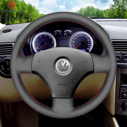 LQTENLEO Black Leather Suede Hand-stitched Car Steering Wheel Cover for Volkswagen Bora 2001-2005