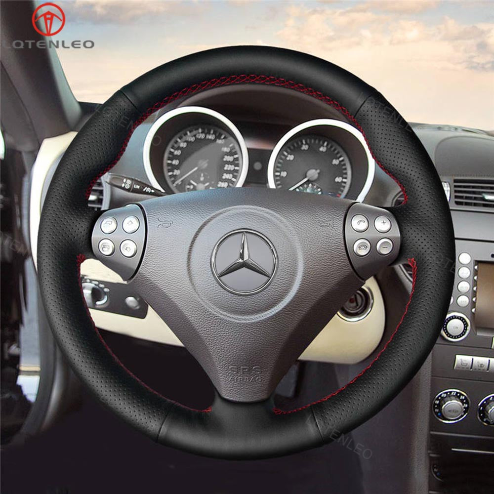 LQTENLEO Black Leather Suede Hand-stitched Soft Car Steering Wheel Cover for Mercedes Benz C-Class W203 2005-2007 / SLK-Class R171 2005-2008