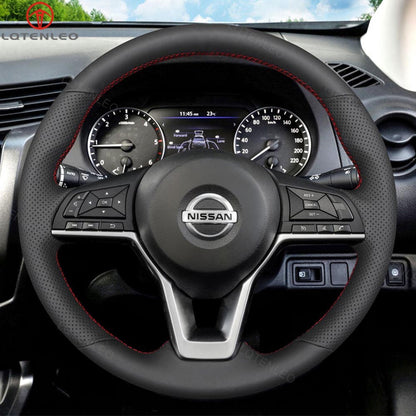 LQTENLEO Black Genuine Leather Hand-stitched Car Steering Wheel Cove for Nissan Navara 2021-2024