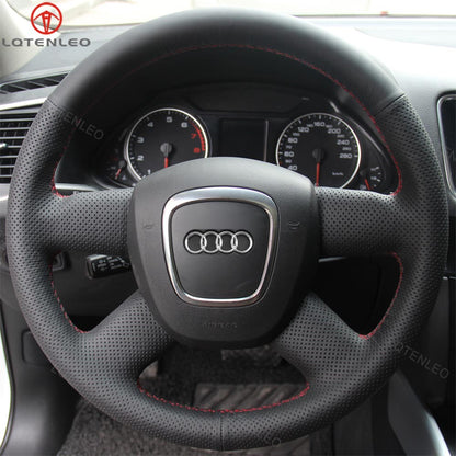 LQTENLEO Black Leather Suede No-slip Hand-stitched Car Steering Wheel Cover for Audi A3 2006-2013 A4 (B8) A6 (C6) 2005-2012 Q5 Q7 2007-2012