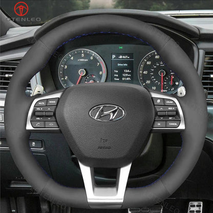 LQTENLEO Black Leather Suede Hand-stitched No-slip Soft Car Steering Wheel Cover Braid for Hyundai Sonata (3-Spoke D Shape) 2015-2019