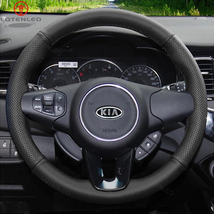 LQTENLEO Black Leather Suede Hand-stitched No-slip Soft Car Steering Wheel Cover Braid for Kia Carens 3 2013-2019 Rondo 3 2013-2017