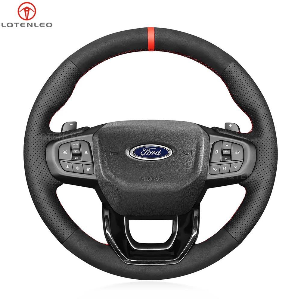 LQTENLEO Carbon Fiber Leather Suede Hand-stitched Car Steering Wheel Cover for Ford Ranger / Everest