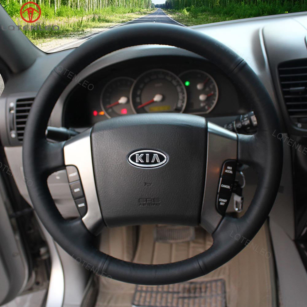 LQTENLEO Black Leather Hand-stitched No-slip Car Steering Wheel Cover for Kia Sorento 2002 2003 2004 2005 2006 2007 2008 2009 2010