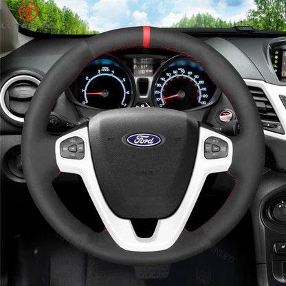 LQTENLEO Black Leather Suede Hand-stitched Car Steering Wheel Cover for Ford Fiesta 2011-2019