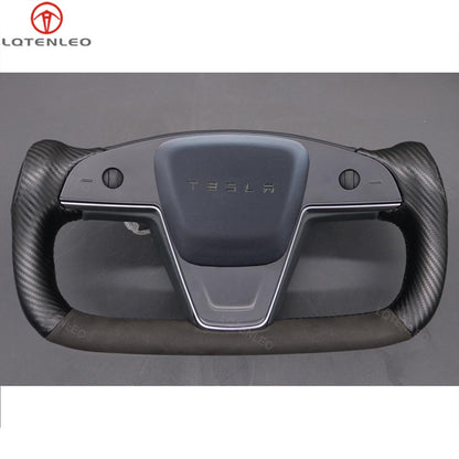 LQTENLEO Alcantara Carbon Fiber Leather Suede Hand-stitched Car Steering Wheel Cover for Tesla Yoke Model S 2021-2023 / Model X 2021-2023